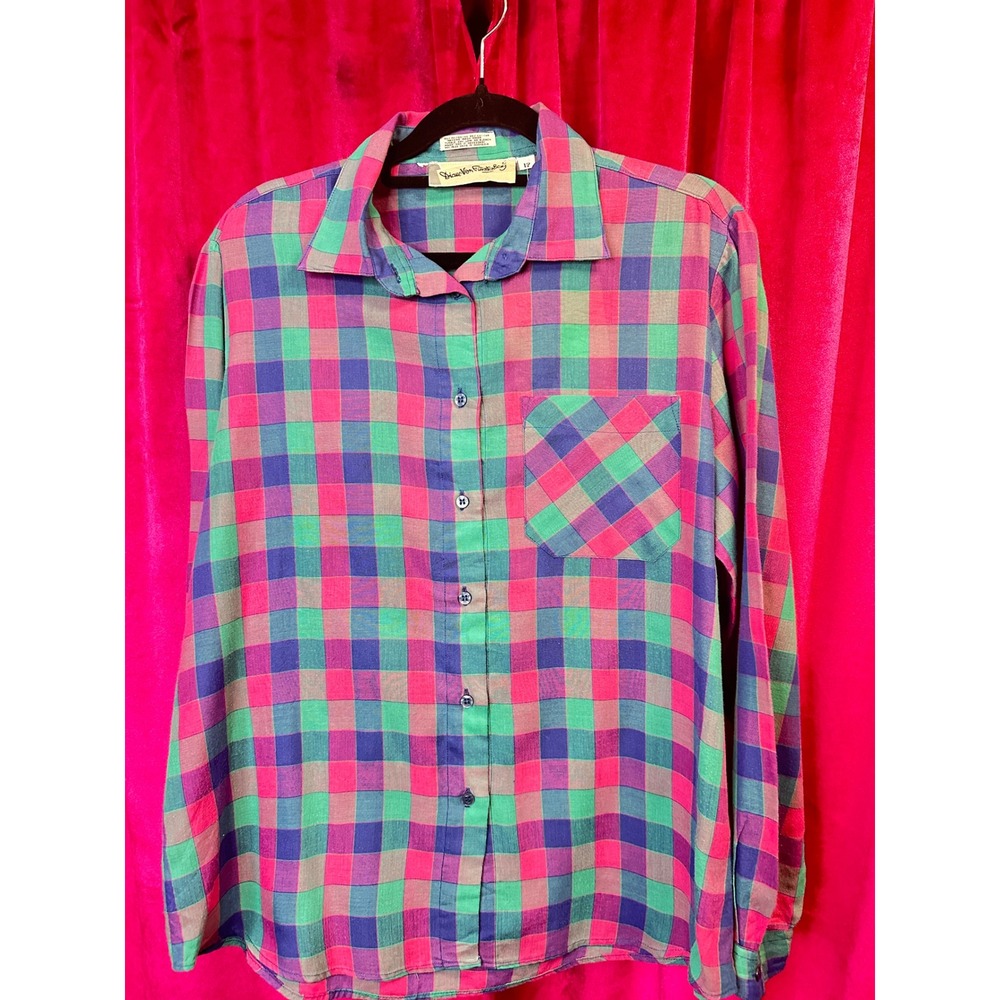 Diane Von Furstenberg Plaid Shirt Womens 12 Pink Green Blue Excellent Vintage